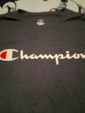 Champion Mens Short-Sleeve Logo Tee in Charcoal with White & Red Accent